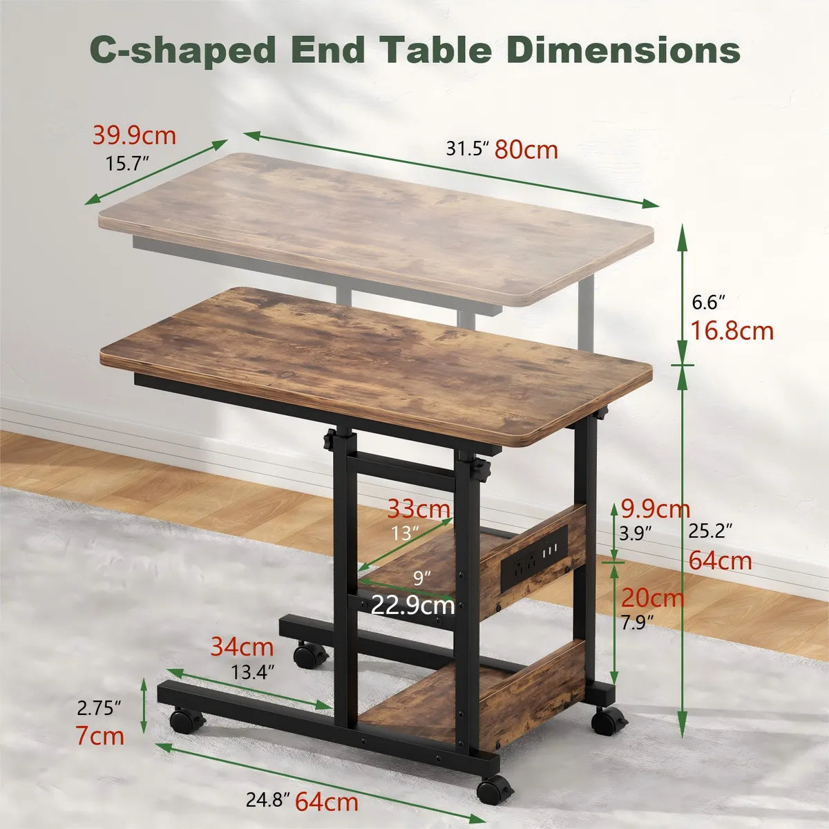 Mesa Auxiliar Ajustable Altura + Ruedas 2 Estantes