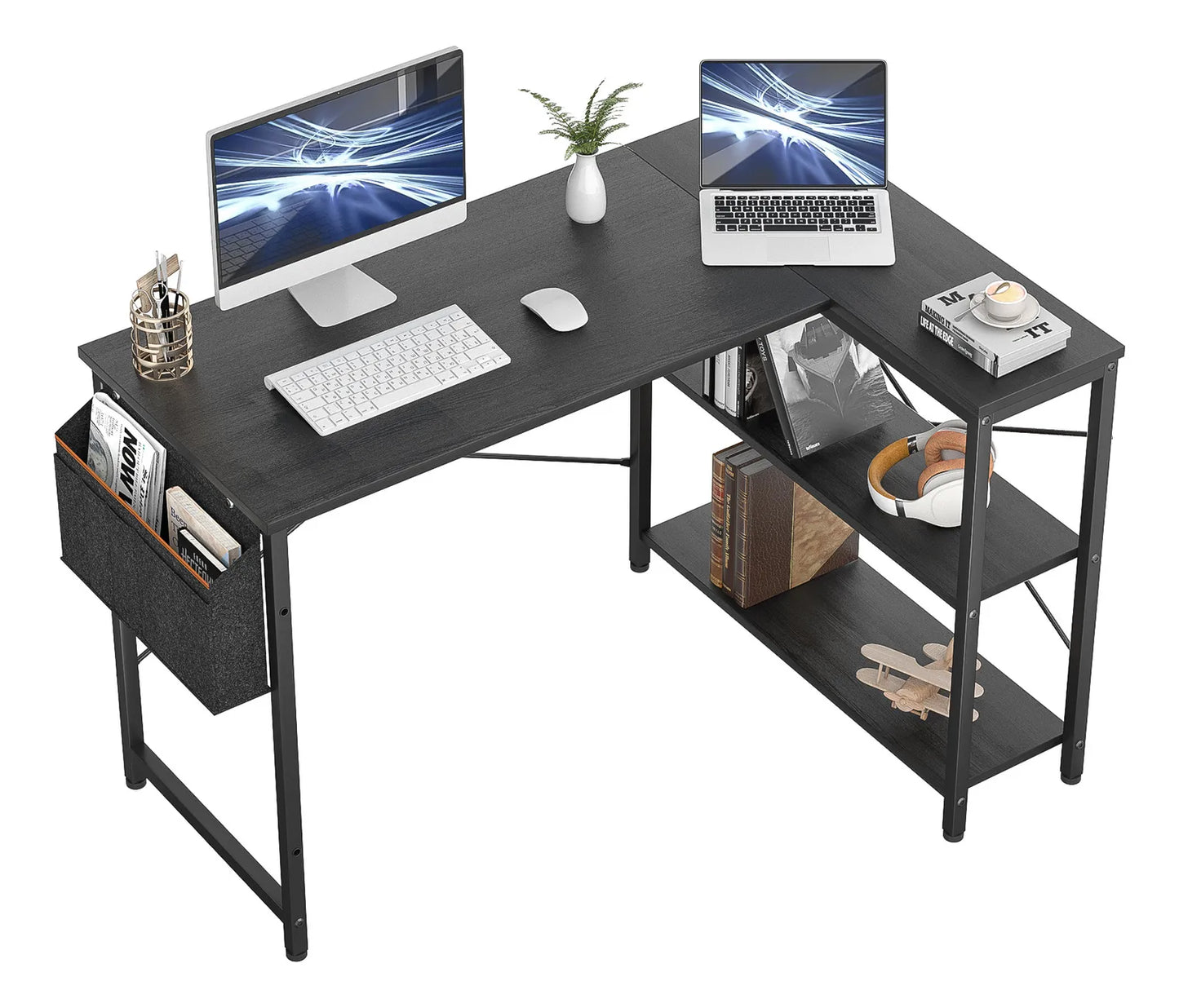 Escritorio En L Con 2 Estantes Y Archivador Colgante