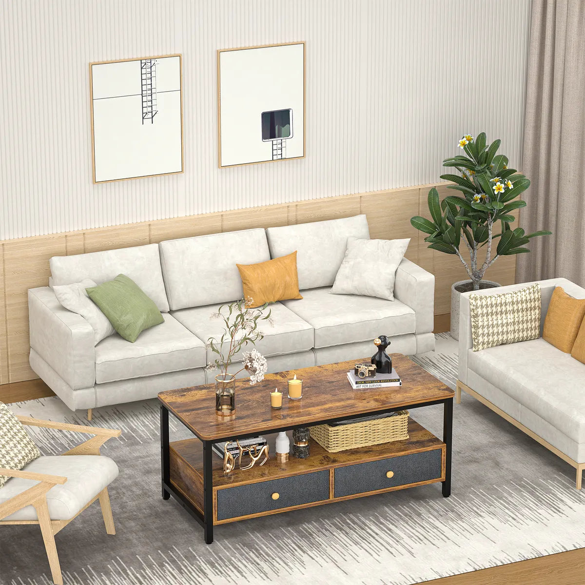 Mesa Ratona De Centro Con Estante Y Dos Cajones