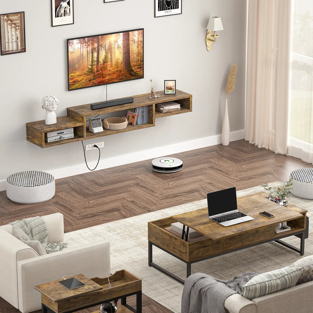 Rack Modular Aéreo Para Tv C/ 3 Estantes C/ Toma Corriente