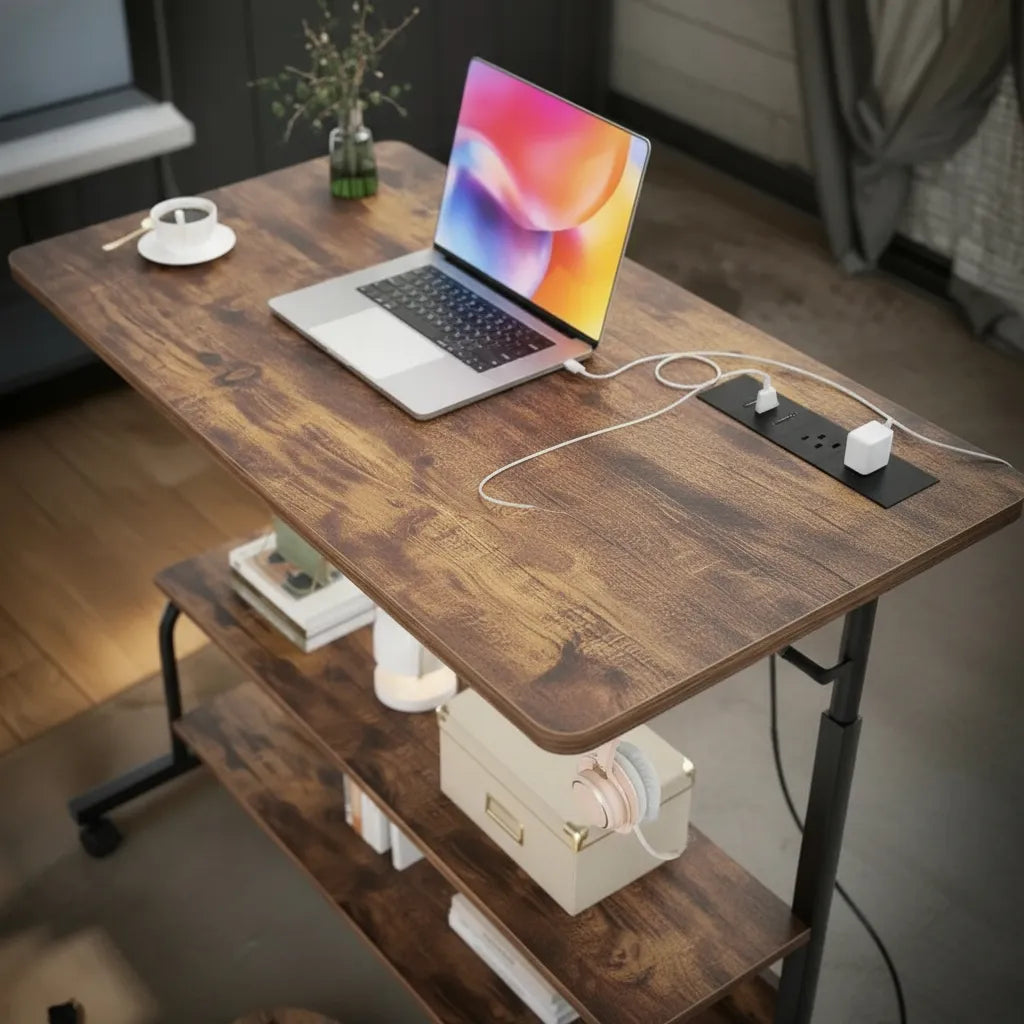 Escritorio Ajustable 2 Estantes + Estación De Carga Ruedas