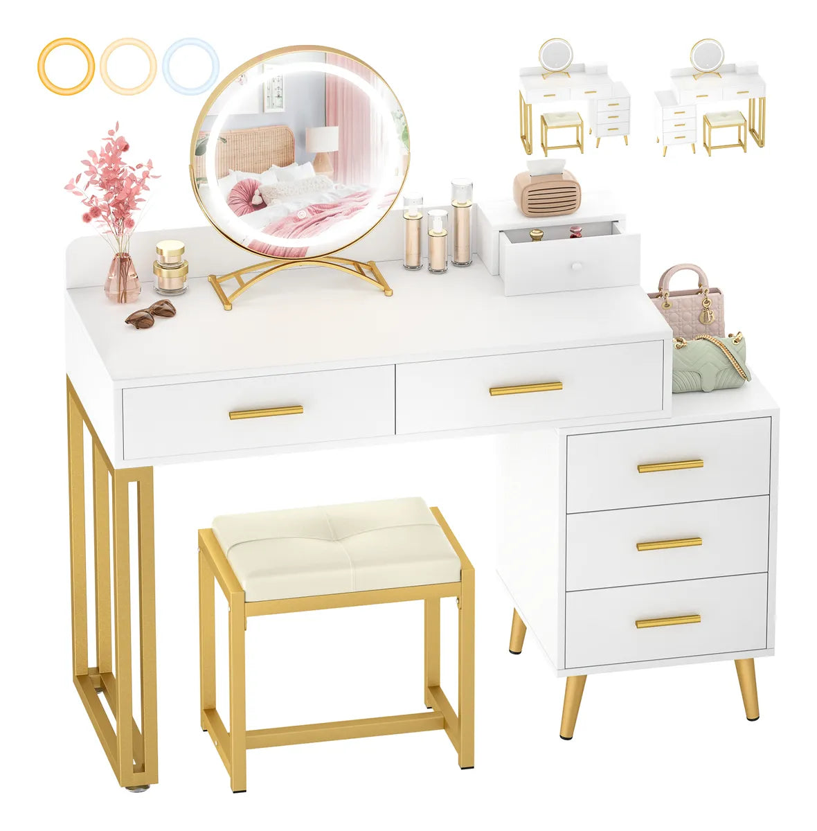 Tocador Maquillaje Cómoda Con 5 Cajones Espejo Led Banco