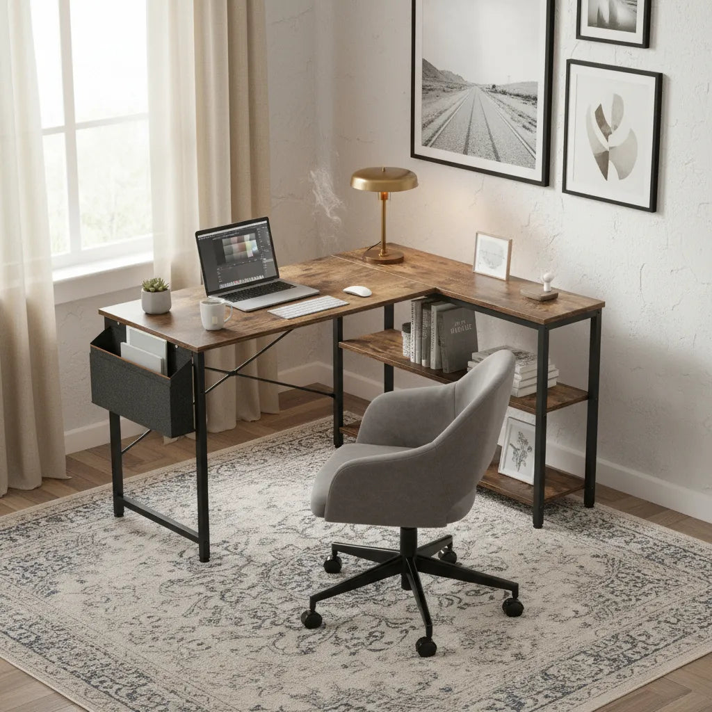 Escritorio En L Con 2 Estantes Y Archivador Colgante