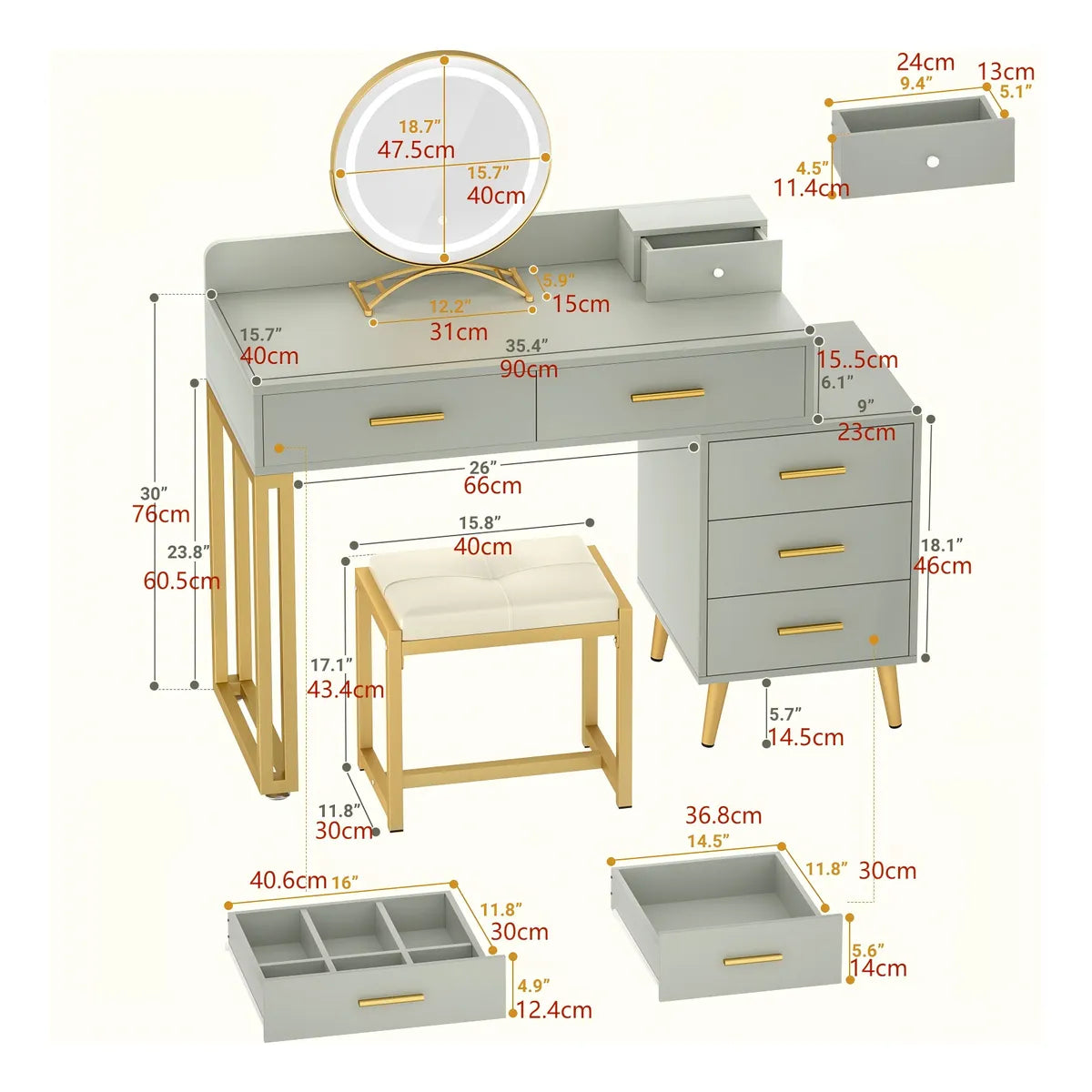 Tocador Maquillaje Cómoda Con 5 Cajones Espejo Led Banco
