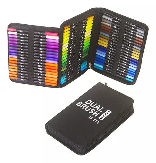 Set De 72 Marcadores Con Doble Punta Fina Y Pincel + Estuche