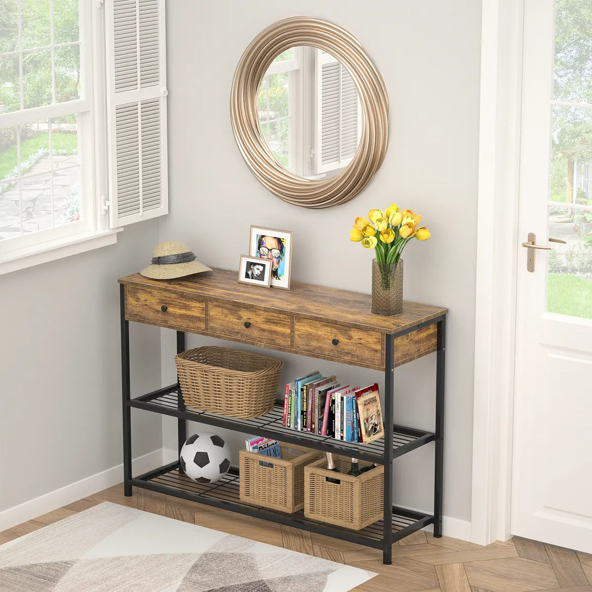 Mesa De Arrime Recibidor 3 Cajones 2 Estantes Living