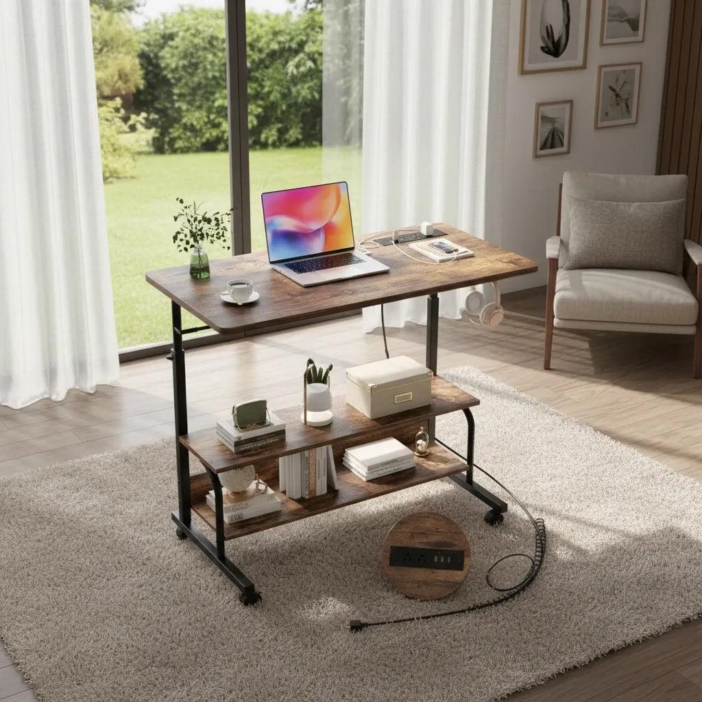 Escritorio Ajustable 2 Estantes + Estación De Carga Ruedas