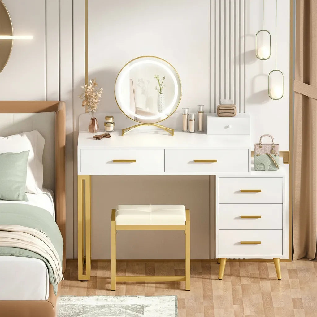 Tocador Maquillaje Cómoda Con 5 Cajones Espejo Led Banco