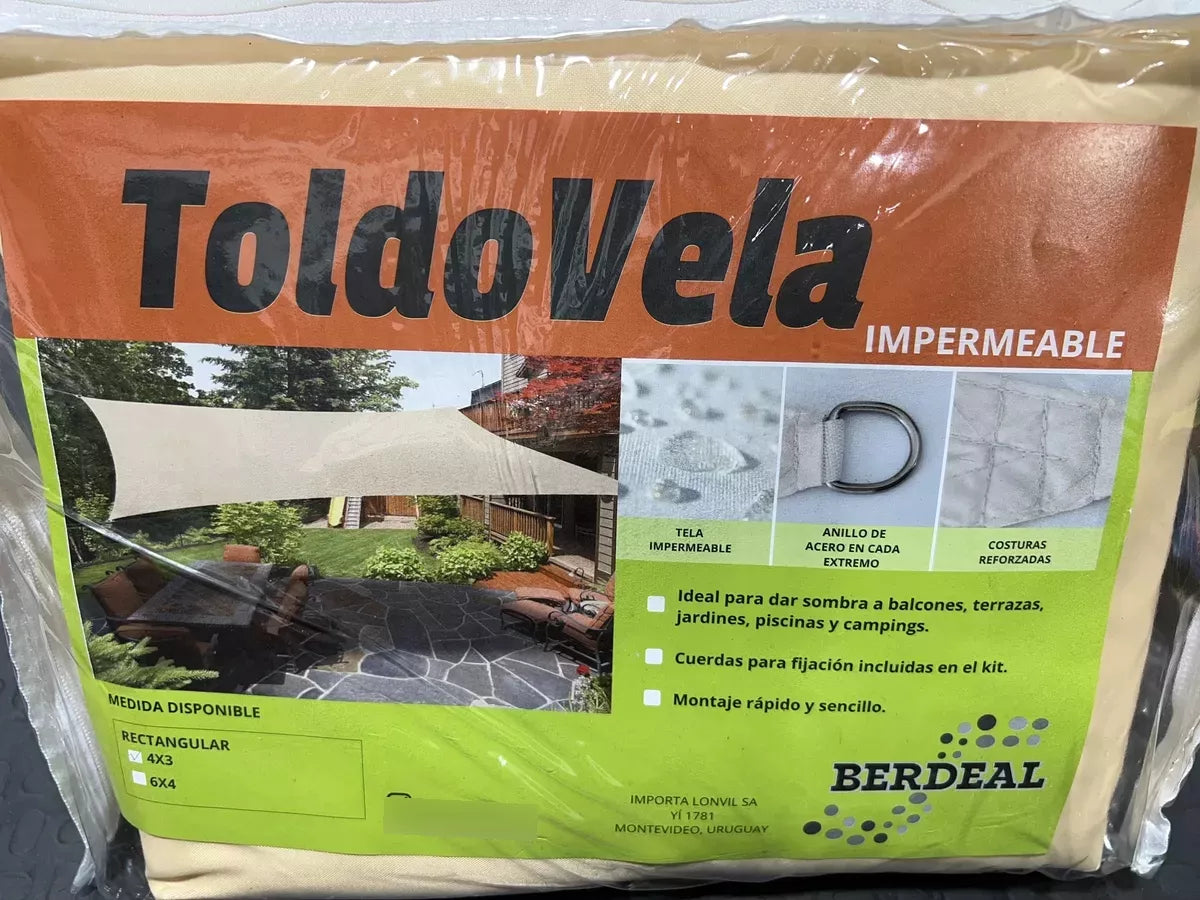 Toldo Vela Rectangular Impermeable 4x3 Cuerdas