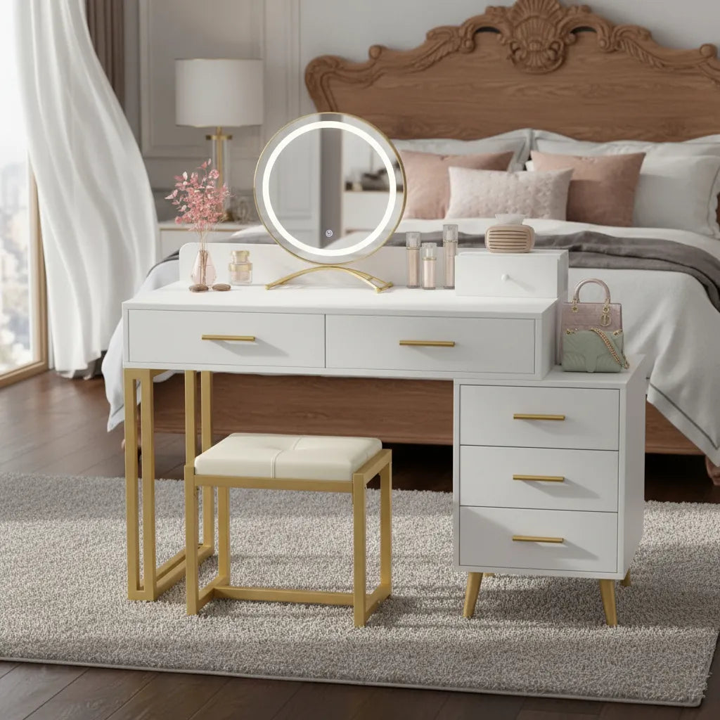 Tocador Maquillaje Cómoda Con 5 Cajones Espejo Led Banco