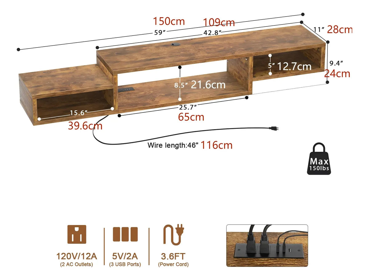 Rack Modular Aéreo Para Tv C/ 3 Estantes C/ Toma Corriente