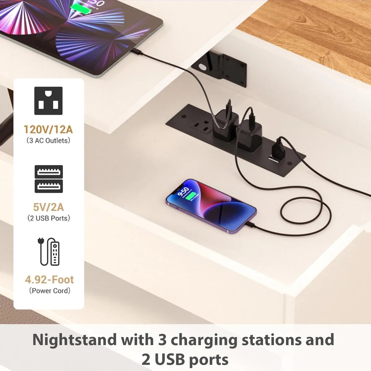 Mesas De Luz C/ Cajón, Estación De Carga Tapa Aérea Dormitorio