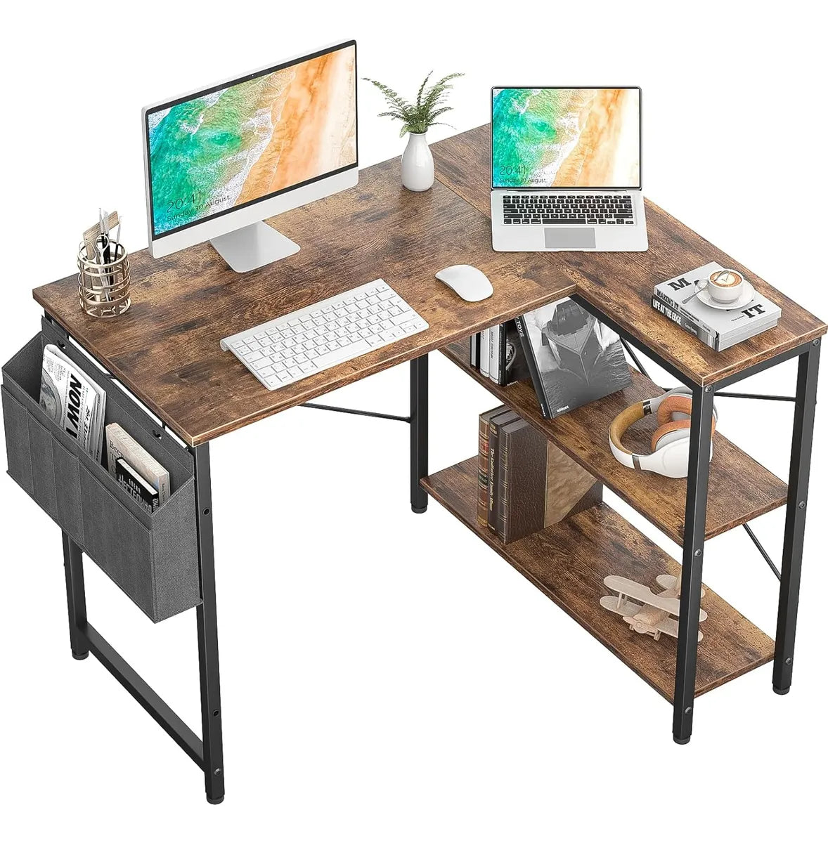 Escritorio En L Con 2 Estantes Y Archivador Colgante