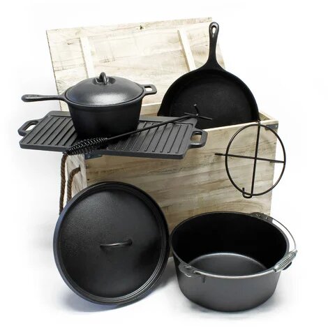 Set De Baterías Hierro Fundido Cocina Al Fuego + Guantes Regalo